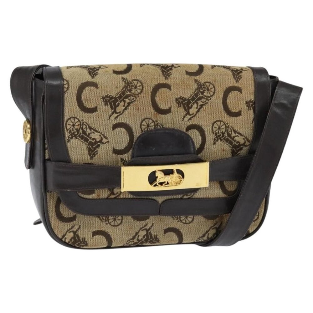 Authentic CELINE C Sulky Shoulder Bag Canvas Beige Gold